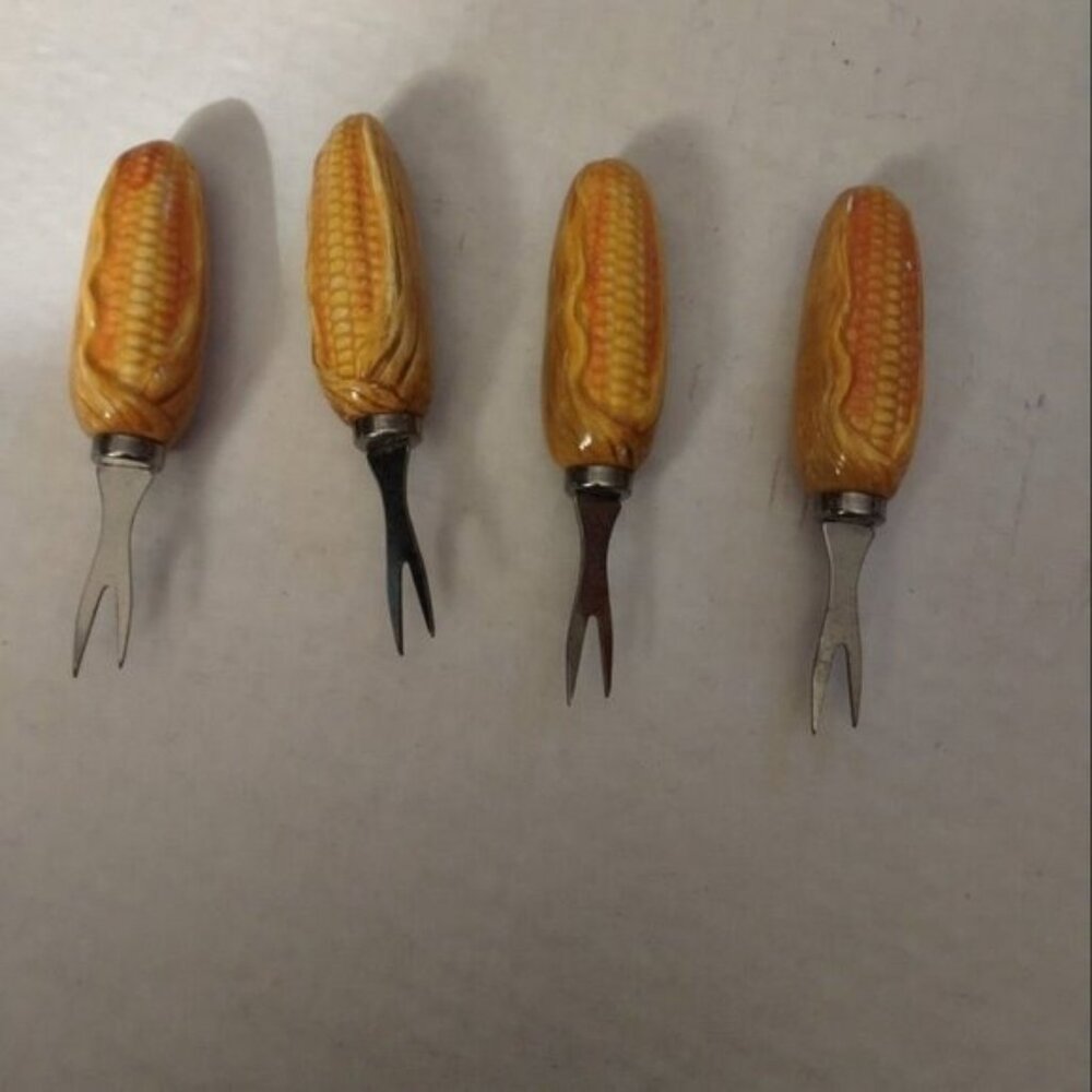4 Vintage Corn-Themed Corn Cob Holders Stainless Steel & Resin Handles
